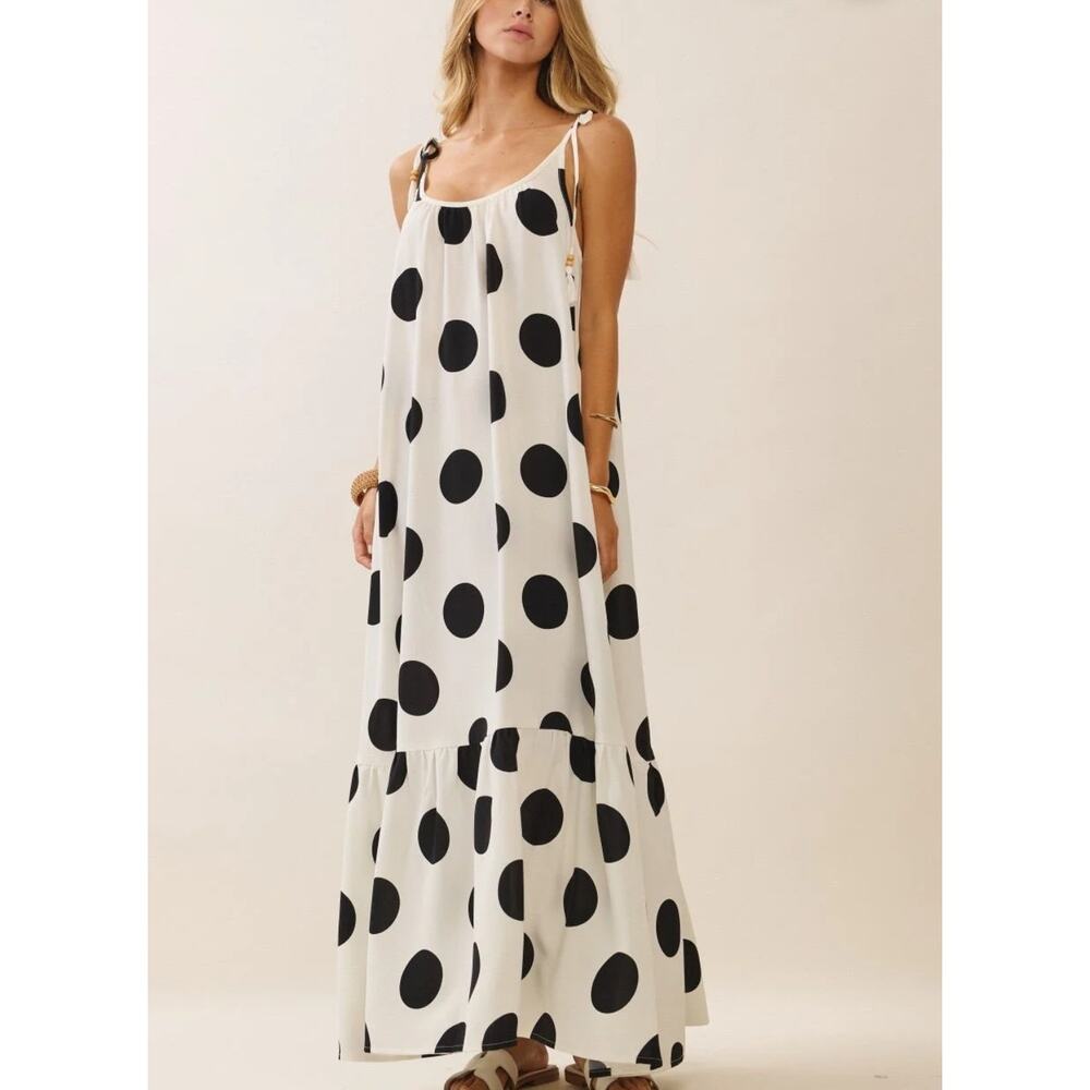 Oddi Polka White Black Dot Tassel Tie-Strap NWT Tiered Maxi Dress Large - Picture 4 of 13